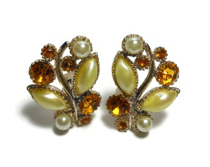 Rhinestone and pearl clip earrings, golden yellow navette pearls, round white pearls, amber rhinestones, open back setting, bride worthy