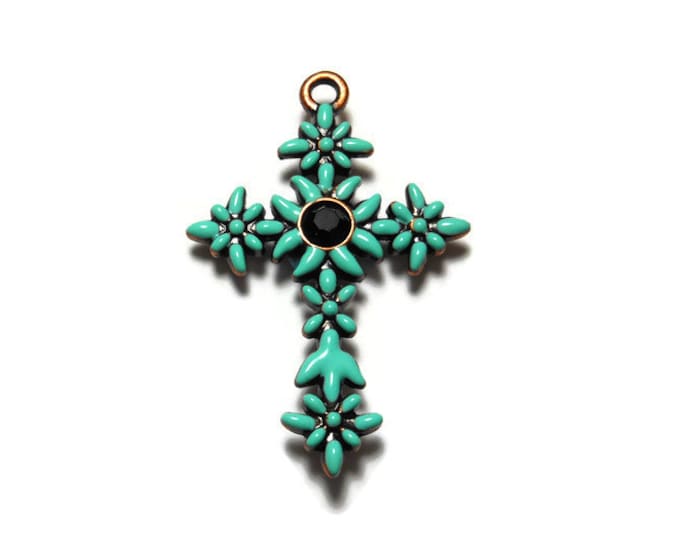 FREE SHIPPING Green cross pendant, mint green enamel flowers on copper base with black rhinestone center, floral cross