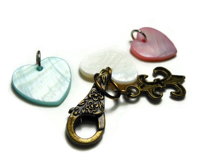 Fleur-de-lis keychain, zipper charm pull, purse or backpack charm, antiqued bronze with lobster clasp and mother of pearl heart (MOP)