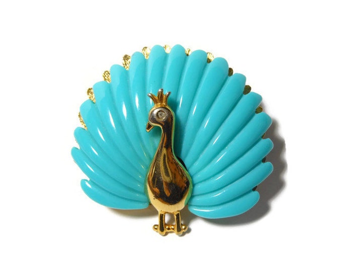 FREE SHIPPING Peacock interchangeable brooch, two looks in one, two colors can grace the back of the gold tone peacock, turquoise or black