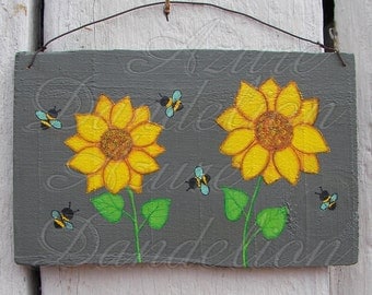 Sunflowers and Honey Bees Painting Urban Home Room Decor Original Primitive Folk Art