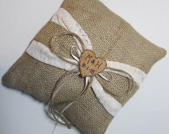 Personalized Rustic Wedding Ring Bearer Pillow With Ivory Lace and Burlap Sash