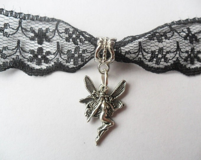 Black lace choker necklace with silver tone fairy pendant, ribbon choker necklace.