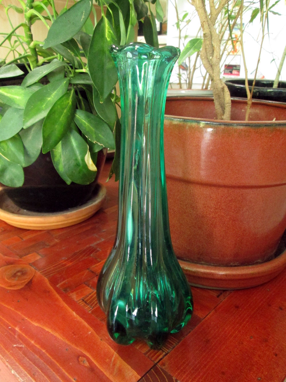 Green glass vase vintage small sleek single flower vase