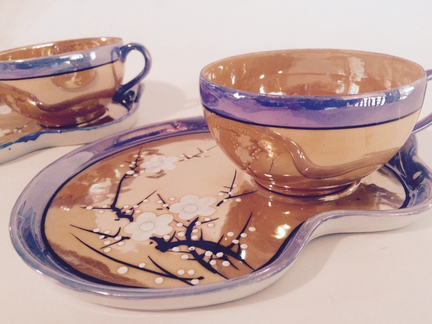 Hand Painted Lusterware Made in Japan Cherry Blossom Snack Set