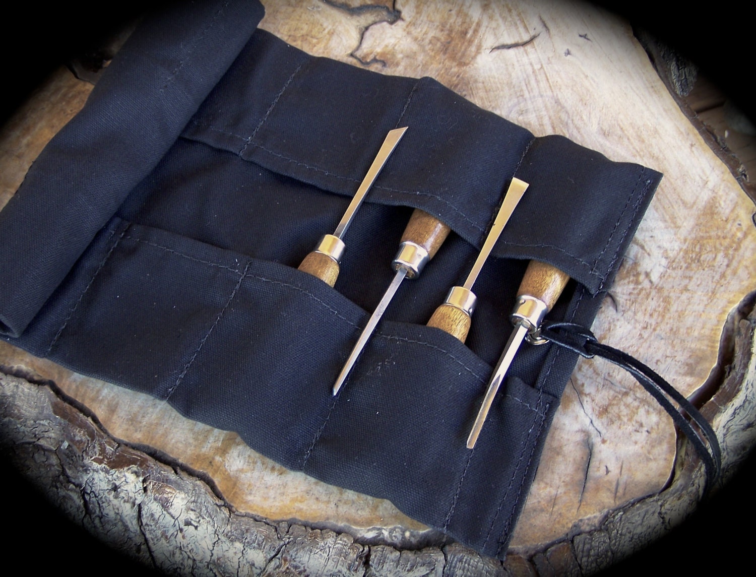 Small Black Canvas Tool Roll for Wood Carvers Hobbyists