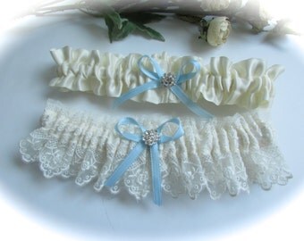 Wedding Garter Set with Blue Satin Ribbon Bow and Crystal rhinestone Centering - Garter Set
