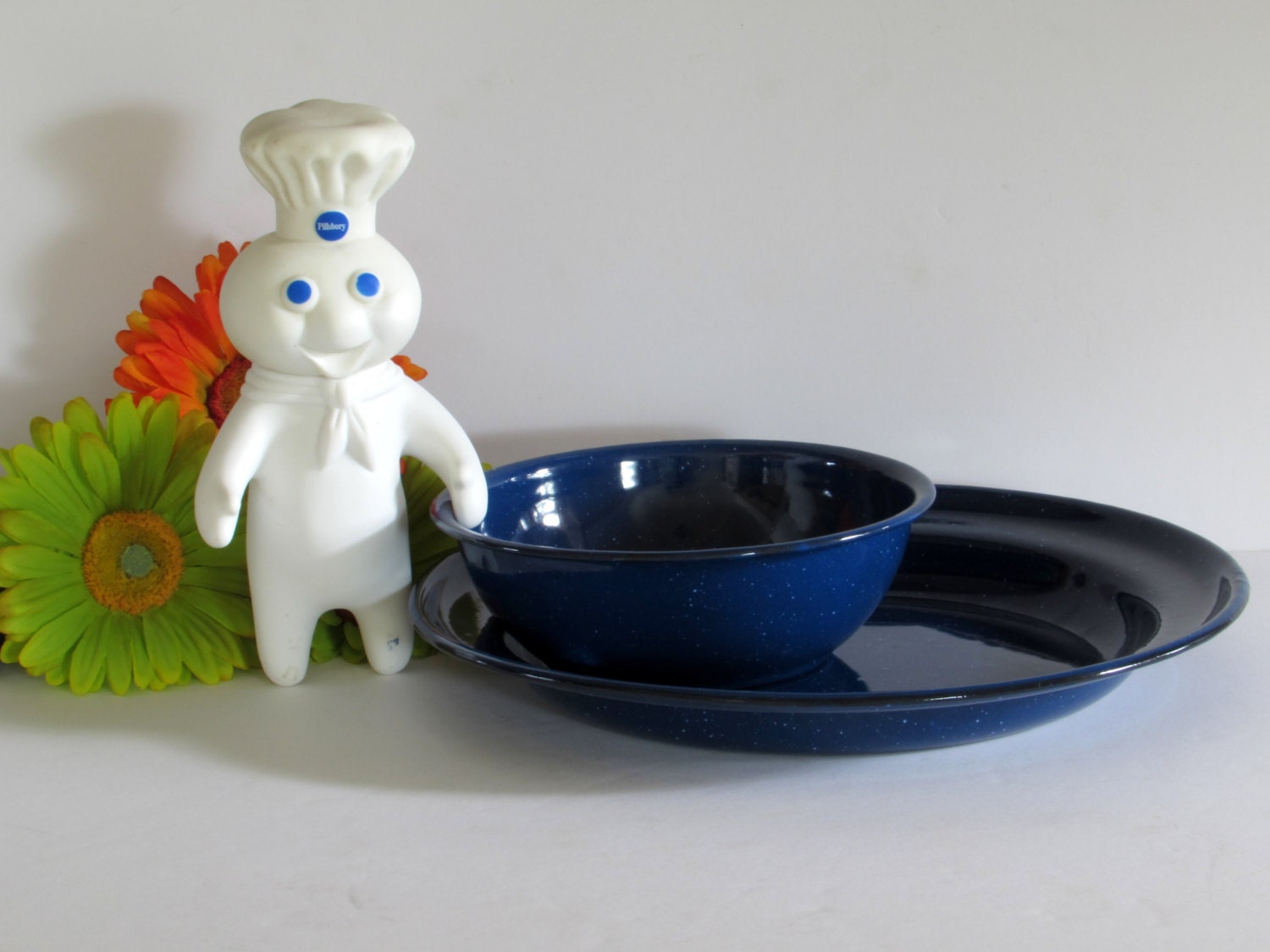 2Piece Speckled Blue Enamel Dishes Bowl Plates Vintage