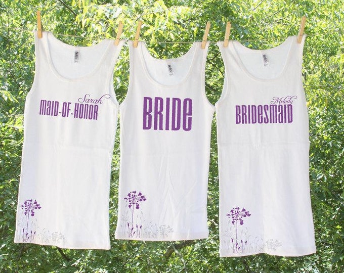 Set of 3 Classic Flower Bride, Maid of Honor, Bridesmaid Tank or Shirts Sets