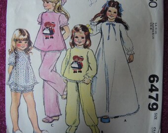 vintage 1970s McCalls sewing pattern 6479 girls size small Nightgown and pajamas with Raggady Ann and Andy iron on color transfer