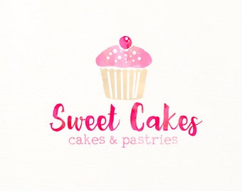 Cupcake logo design Bakery branding kit Watercolor red sweet