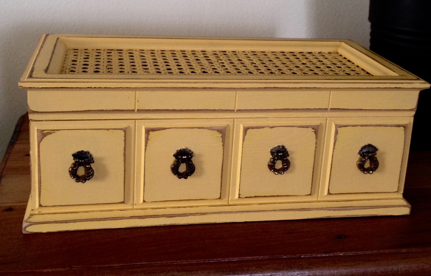 Vintage Wood Jewelry Box Hand Painted In Yellow distressed and