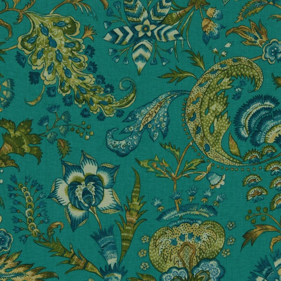 Teal Linen Upholstery Weight Fabric by the Yard - Dark Teal Floral ...