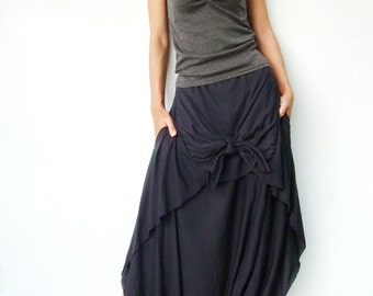NO.86 Black Cotton-Blend Jersey Cool Unique Asymmetric Casual Loose Novelty Harem Pants, Trendy Unusual Trousers