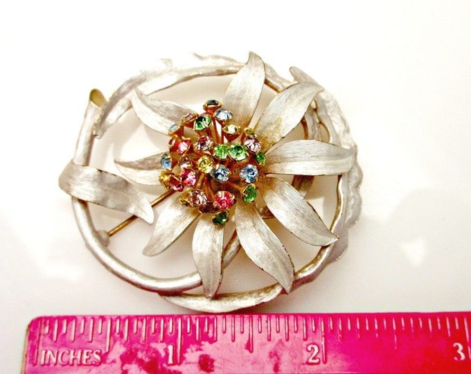 Enamel flower Brooch - white enamel on gold - colorful rhinestones -Floral pin