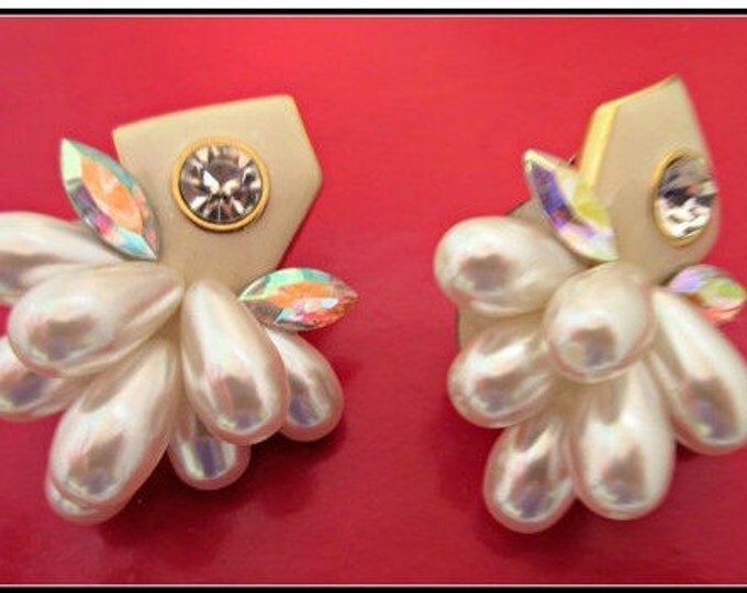 Pearl Rhinestone Earrings Hollywood glamour style clip on earrings