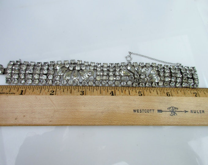 Dorians Rhinestone Bracelet - wide mid five row clear stones - silver setting - Mid Century 1958 Glamour Bling