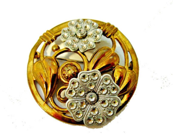 Flower Brooch - Art Deco - stamped brass - cut silver steel - Floral pin