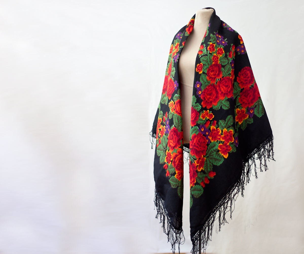 Russian shawl black floral shawl fringed shawl babushka