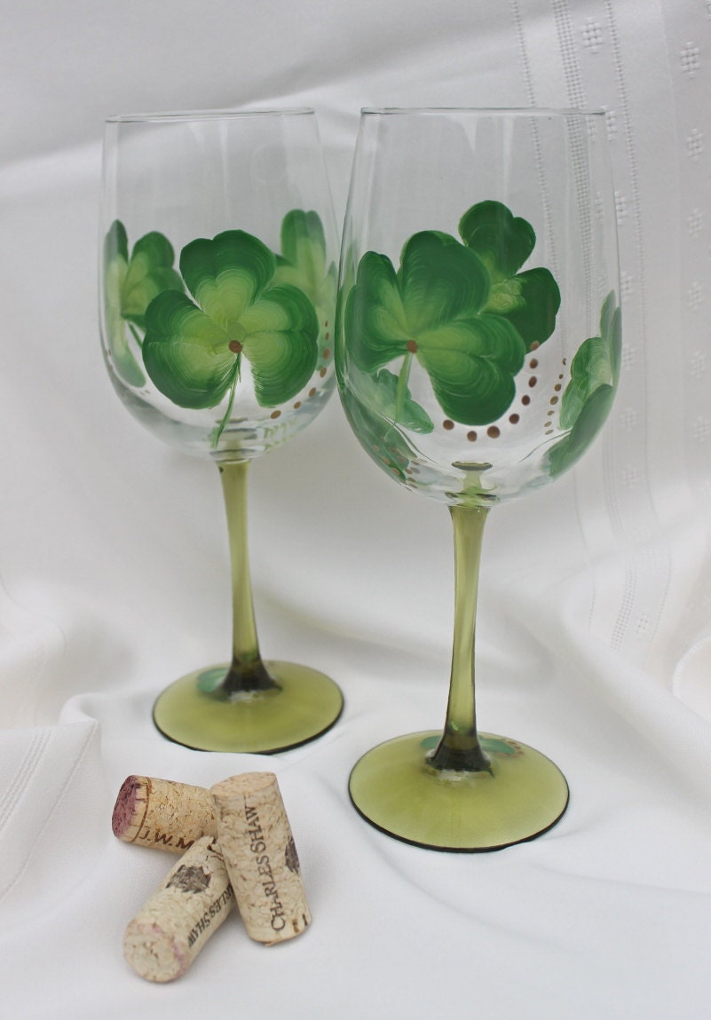 Hand Painted Irish Wine Glasses Set of 2 Shamrocks with
