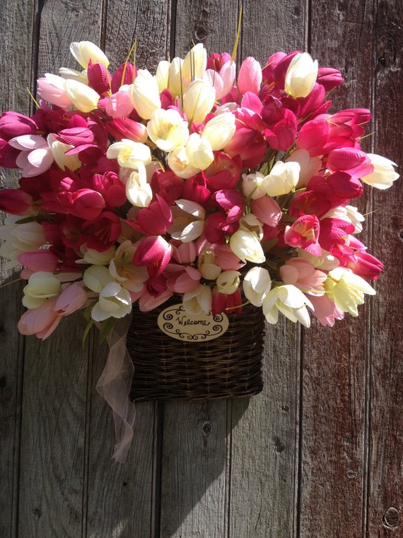 Pink Tulip Basket Spring Door Basket Summer Front by FloralXchange
