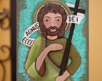 John the Baptiste, Juan el Bautista - Folk art, Original Mixed Media Painting On Wood Panel 8 x10 inch (20.5X 25.5 cm) by Evona