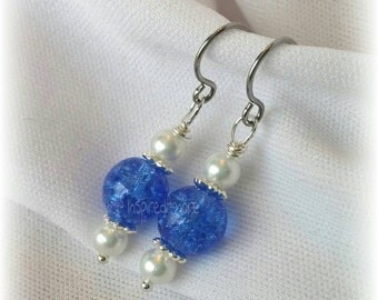Blue Sapphire Crackle & faux pearl earrings