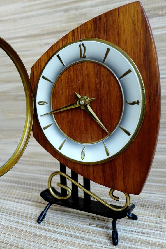 Mantel Clock Desk Clock Eames Era Modern Teak Brass by GLOWUP