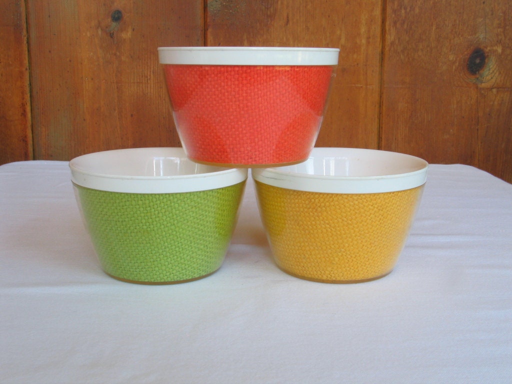Retro Trio Insulated Ice Cream Bowls Burlap Colors Vintage
