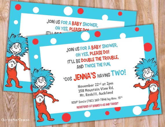 Twins Baby Shower Personalized Invitation - Dr Seuss Thing 1 & Thing 2 