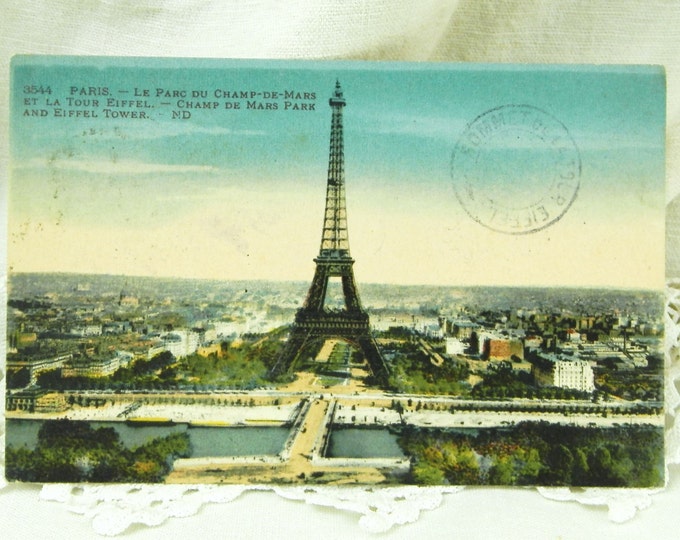 Antique Colored Black and White French Postcard The Eiffel Tower with Postmark From the Top of the Tower Paris / French Decor / Parisian