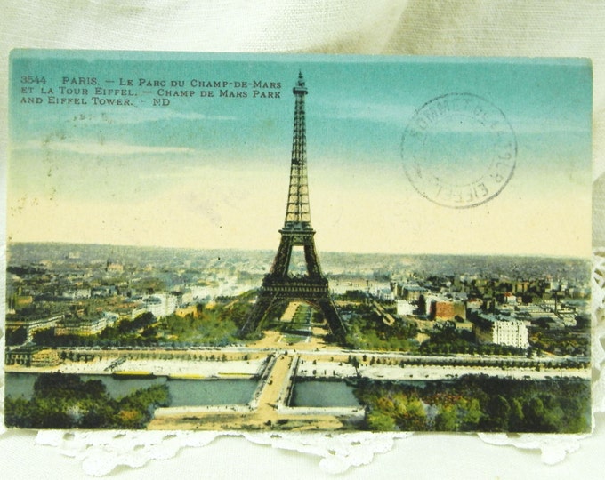 Antique Colored Black and White French Postcard The Eiffel Tower with Postmark From the Top of the Tower Paris / French Decor / Parisian