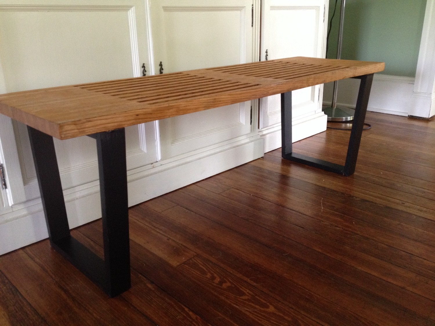 Mid century modern slat bench George Nelson Eames era natural wood