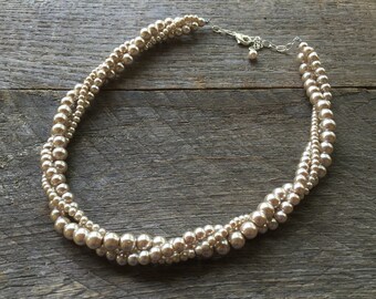 Champagne Pearl Necklace, Bridal Necklace, Bridesmaid Gift, Wedding Jewelry, Twisted Necklace, Triple Strand Necklace