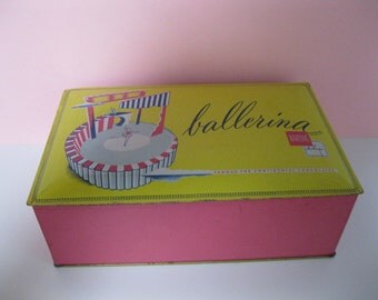 Mid Century Barton's Ballerina Chocolate "Bonbonniere" Tin Box, Pink and Yellow, T.M. Reg. 1949