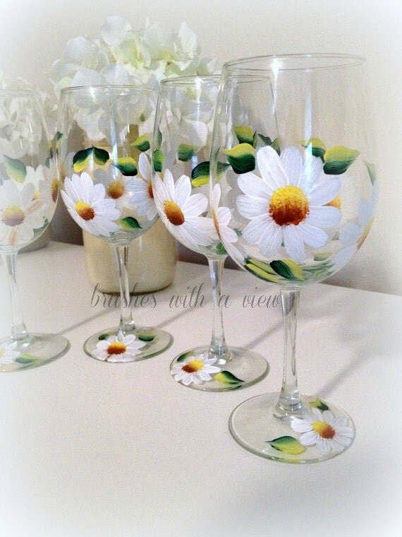 Handpainted wine glasses white daisy flowers by Brusheswithaview