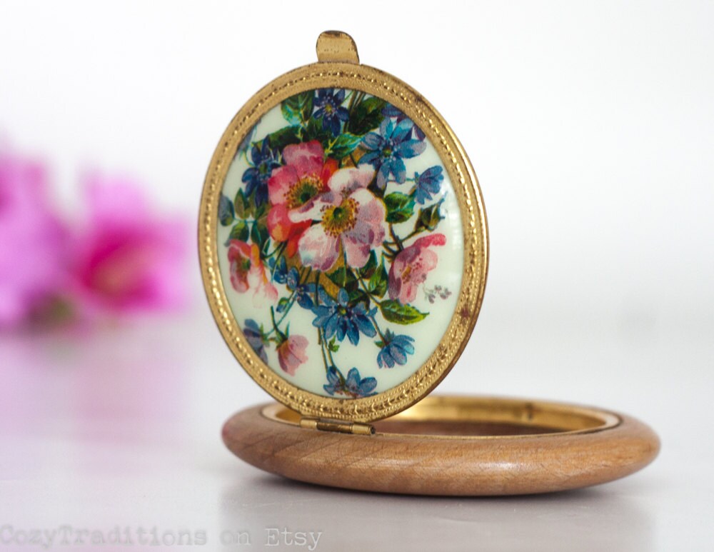 Wooden Compact Mirror Vintage Poppies Pocket Mirror / Floral