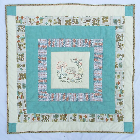 Forest animal , mushroom , hedgehog baby blanket - Quilt - Crib bedding item - Nursery - Sage - Ready to ship