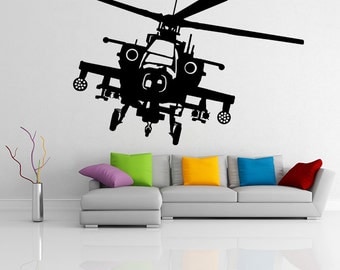 Vinyl Wall Decal Army Helicopter Design / War Machine Art Decor Removable Sticker / Military Flying Plane Mural + Free Random Decal Gift