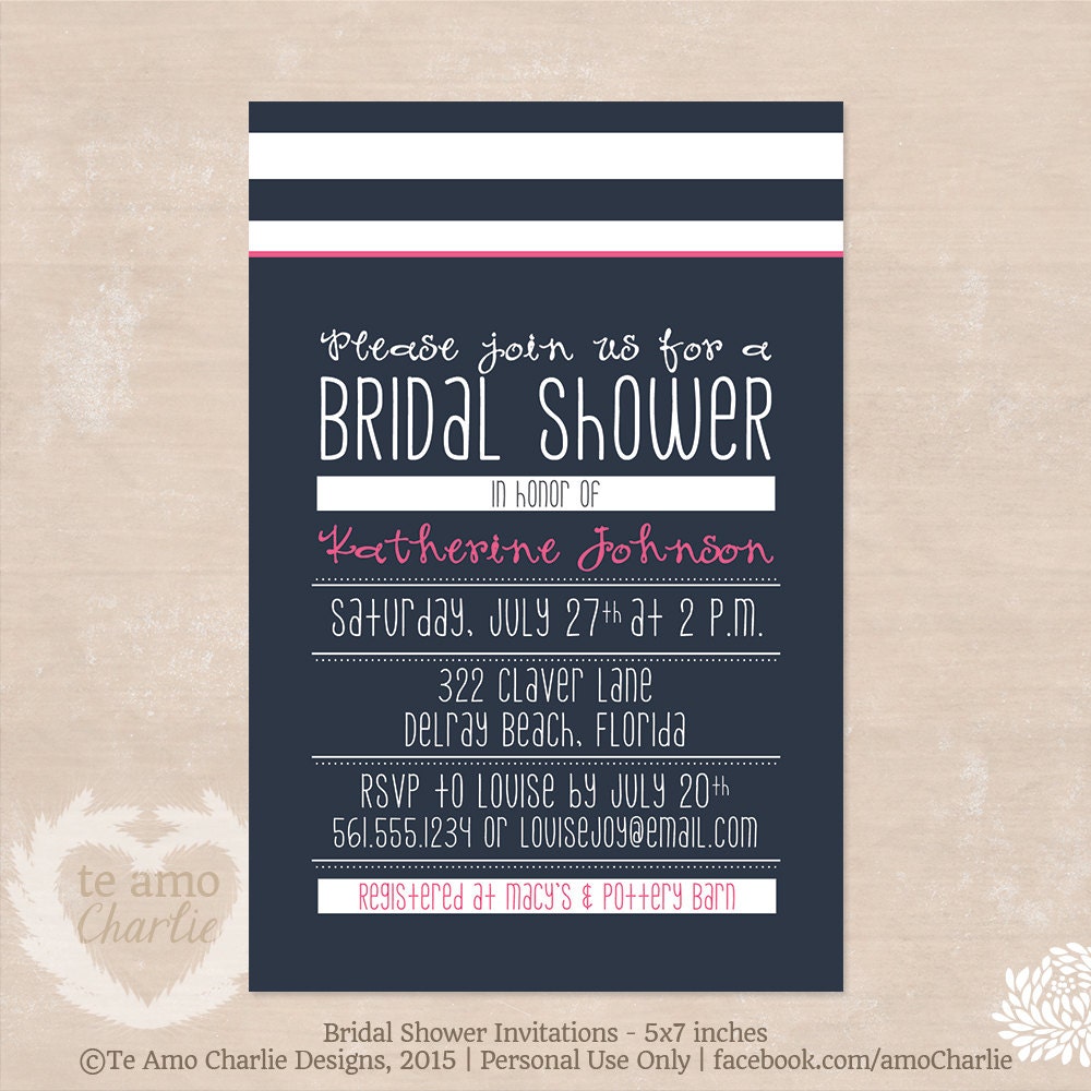 Navy and Pink Bridal Shower Invitations by PalmBeachPrints