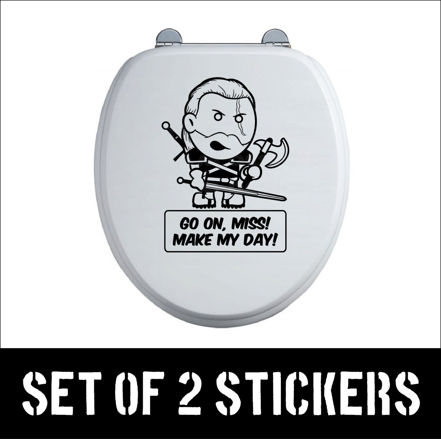 Set of 2 Black Toilet Seat Vinyl Sticker Witchdude With Swords