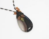 Oval Pendant, Brown Black Agate, Wire Wrap Pendant, Yellow Jade Beads, Citrine Peridot Glass Leaves, Hematite Long Chain, Magnetic Clasp
