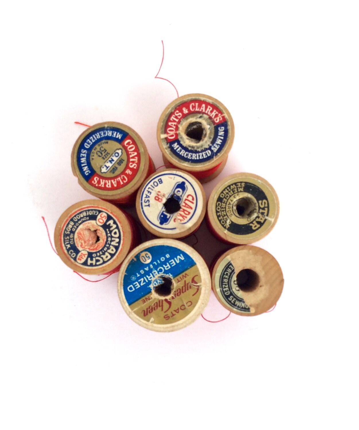7 Wooden Spools of Thread Red Thread Vintage by DonnaDesigned