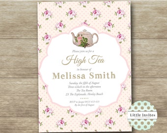 Black and White Floral with Gold High Tea Invitation..Shabby