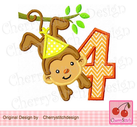 Monkey number 4 Birthday embroidery applique-4x4 5x5 6X6