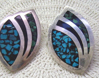 Vintage Sterling Turquoise Earrings...Southwestern...Inlaid Turquoise Chips...Malachite Chips...Onyx...Post Backs...Weigh 17 Grams