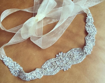 Crystal and Rhinestone Beaded Applique Bridal Belt Wedding Sash Applique