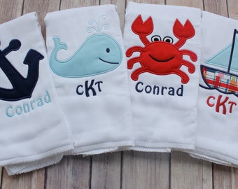 Baby Boy Monogrammed Burp Cloth Set, Nautical Burp Cloth Set, Whale, Anchor, Sailboat, Crab, Personalized Burp Cloth Set, Baby Shower Gift