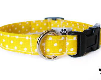 Yellow polka dot dog collar & cat collar - adjustable with bell (optional), yellow and white