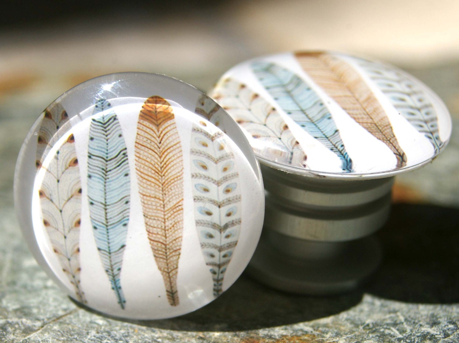 Feather Glass Cabochon Knobs with 4 feathers Set of